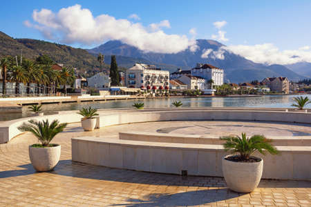 Beautiful Mediterranean winter landscape. Montenegro. Embankment of Tivat cityの写真素材