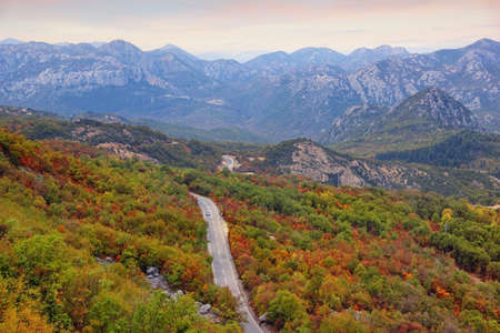 Beautiful autumn mountain landscape.  Balkans road trip. Montenegro, mountain road near Skadar Lakeの写真素材