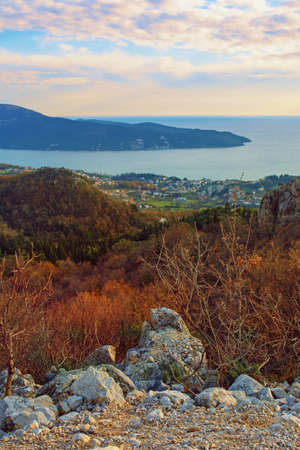 Beautiful Mediterranean landscape on sunny winter evening. Montenegro, view of  Adriatic Sea and Bay of Kotor near Herceg Novi cityの写真素材