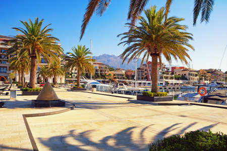 View of embankment of Tivat city and yacht marina of Porto Montenegro on autumn day.  Montenegroの写真素材
