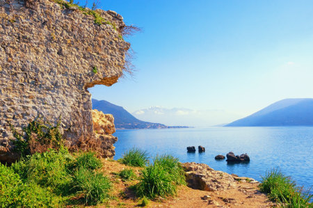 Winter view of Bay of Kotor from ruins of ancient fortress in Herceg Novi cityの写真素材