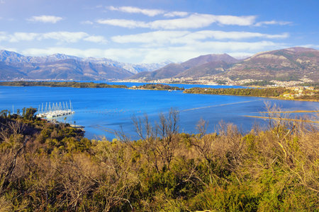 Beautiful winter Mediterranean landscape. Montenegro, Adriatic Sea. View of Bay of Kotor from Lustica peninsulaの写真素材