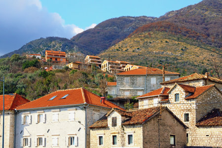 Houses with red tiled roofs on the side of a mountainの写真素材