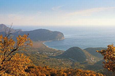 Autumn Mediterranean landscape. Montenegro, coast of Adriatic Sea near town of Budvaの写真素材