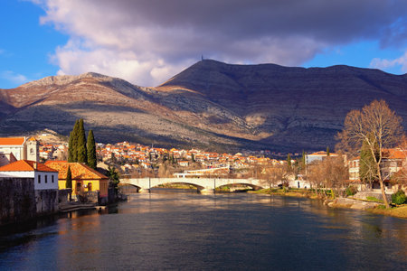 View of Trebisnjica river and  Trebinje city  on winter day. Bosnia and Herzegovina, Republika Srpskaの写真素材