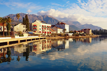 Beautiful winter Mediterranean landscape. Montenegro, Bay of Kotor. View of embankment of Tivat cityのeditorial素材