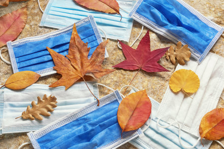 Discarded medical face masks on stones among bright autumn leaves. Environmental pollution problemの写真素材