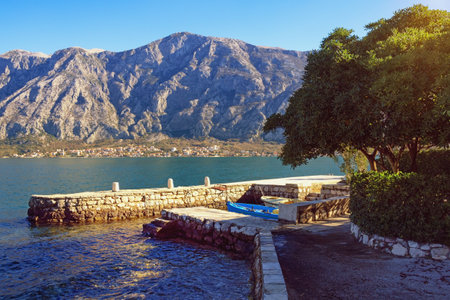 Beautiful winter Mediterranean landscape. Montenegro. View of Bay of Kotor and Prcanj townの写真素材