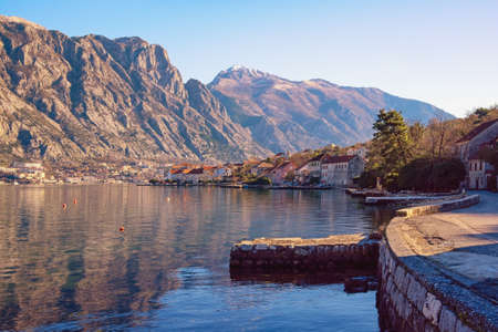 Beautiful winter Mediterranean landscape. Montenegro, Adriatic Sea. View of Bay of Kotor and Prcanj townの写真素材