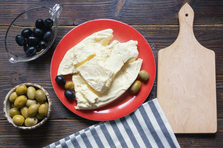 Balkan cuisine. Montenegro. Pljevaljski cheese  is  local soft cheese. Free space for textの写真素材