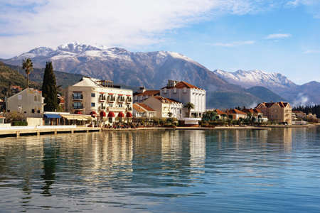 Beautiful Mediterranean landscape on sunny winter day. Embankment of Tivat city.  Montenegro,...