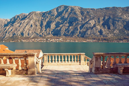 Beautiful winter Mediterranean landscape. Montenegro, view of Bay of Kotor from Prcanj townの写真素材