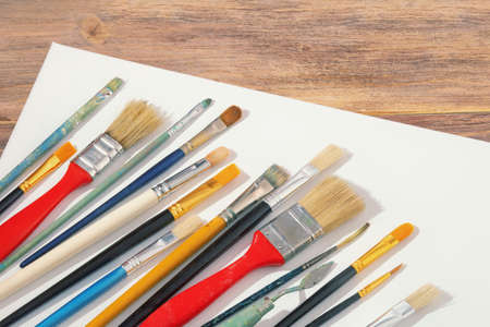 Different paintbrushes and white canvas on rustic table. Copy spaceの写真素材