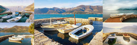 Mandrac ( mandrach ) is stone jetty, cultural heritage in Kotor Bay. Montenegro, Adriatic Sea. Collageの写真素材