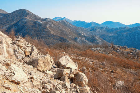 Beautiful mountain landscape in autumn colors. View of mountain range of Dinaric Alps  on sunny day. Bosnia and Herzegovina, Republika Srpskaの写真素材