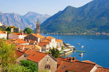 Beautiful Mediterranean landscape. Montenegro, Kotor Bay. View of ancient town of Perast on sunny summer dayの写真素材
