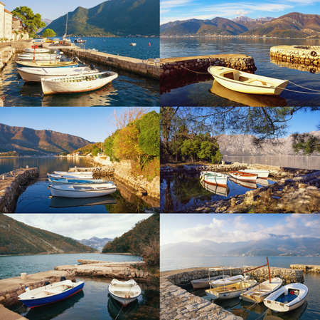 Mandrac (mandrach) is dry stone jetty, cultural heritage in Kotor Bay. Montenegro, Adriatic Sea. Collageの写真素材