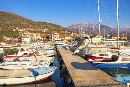 Beautiful Mediterranean landscape. Marina for fishing boats. Montenegro, Tivat city, view of marina Kalimanjの写真素材