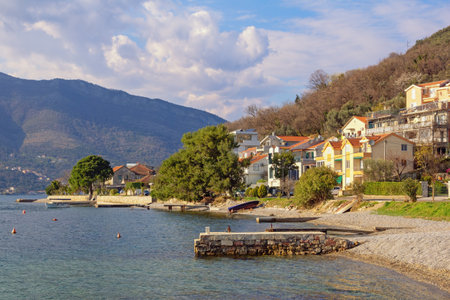 Mediterranean village on sunny spring day. Montenegro, Adriatic Sea. View of Bay of Kotor and Donja Lastva villageの写真素材