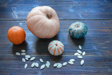 Colorful pumpkins and pumpkin seeds on rustic table. Color tintingの写真素材