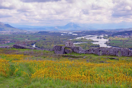 Albania, Shkoder. Beautiful view of Bojana (Buna) river from ancient fortress of Rozafa Castle....