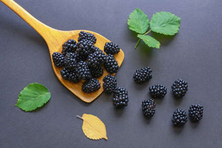Fresh ripe blackberries on dark background. Flat lay. Free space for textの写真素材