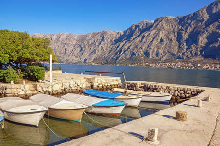 Beautiful winter Mediterranean landscape. Montenegro, Adriatic Sea. View of Bay of Kotor near Prcanj townの写真素材