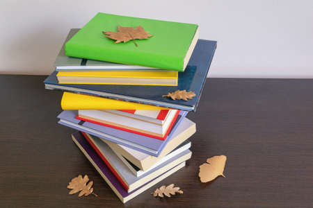 School concept. Stack of  different books and autumn leaves on table. Copy spaceの写真素材