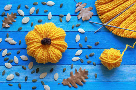 Autumn. Yellow knitted pumpkin, pumpkin seeds, autumn leaves and unfinnished knitting on blue rustic tableの写真素材