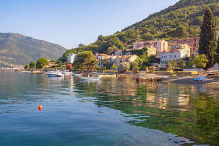 Beautiful summer Mediterranean landscape. Montenegro, Adriatic Sea, Bay of Kotor, Tivat, view of Donja Lastva villageの写真素材