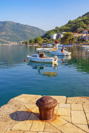 Beautiful Mediterranean landscape on sunny summer day. Montenegro, Adriatic Sea, Bay of Kotor, Tivat, view of Donja Lastva villageの写真素材