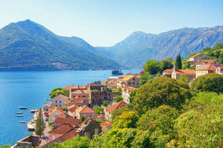 Beautiful  Mediterranean landscape. Montenegro, Adriatic Sea. View of Kotor Bay and Perast townの写真素材