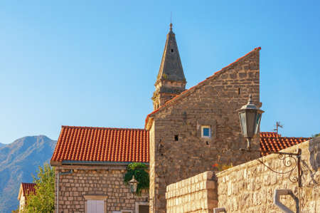 Montenegro. View of ancient town of Perast with Bell Tower of  St Nicholas church.  Skylineの写真素材