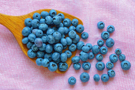 Wild berry. Bog whortleberry on wooden spoon on tableの写真素材