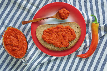 Balkan cuisine. Ajvar - delicious product of roasted red pepperの写真素材