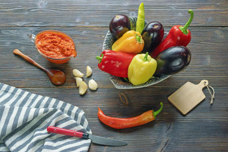 Balkan cuisine. Ajvar - condiment , snack, salad. Made from bell peppers, eggplants, garlic. Copy spaceの写真素材