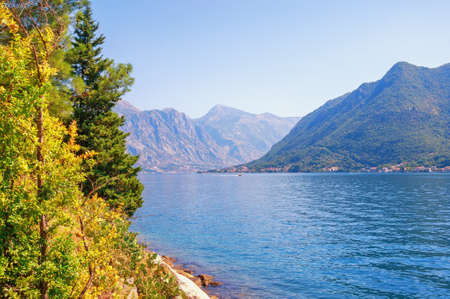 Sunny autumn. Beautiful  Mediterranean landscape.  Montenegro, Adriatic Sea, view of Bay of Kotor near Perast townの写真素材