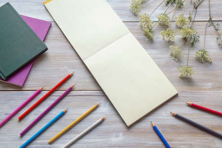 Colorful colored pencils, books, wildflowers and open sketchbook on rustic table. Free space for text or pictureの写真素材