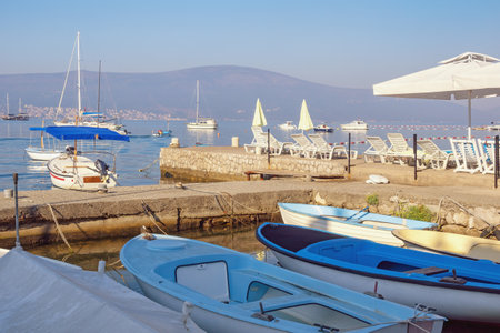Summer vacations. Beautiful Mediterranean landscape on sunny summer morning. Montenegro, Adriatic Sea. Coast of Bay of Kotor near Tivat cityの写真素材