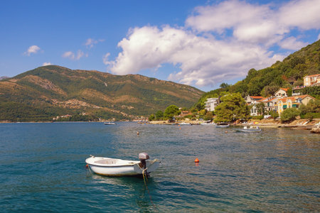 Beautiful autumn Mediterranean landscape. Montenegro, Tivat. View of  Bay of Kotor and Gonja Lastva villageの写真素材