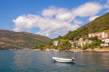 Sunny autumn Mediterranean landscape. Montenegro, Adriatic Sea. View of  Bay of Kotor near Tivat city. Gonja Lastva villageの写真素材