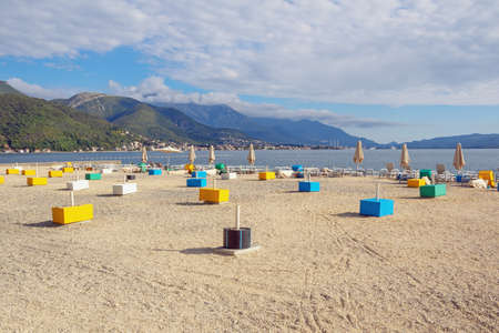 Autumn beach. Beautiful sunny Mediterranean landscape. Montenegro, Adriatic Sea, Kotor Bay. Bijela town ( Herceg Novi )の写真素材