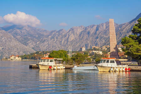 Autumn Mediterranean landscape. Montenegro, Adriatic Sea.  View of Bay of Kotor, embankment of Kotor city and Freedom Parkの写真素材