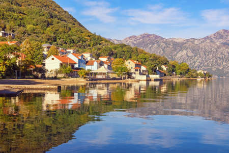 Beautiful Mediterranean landscape on sunny autumn day.  Montenegro, Adriatic Sea. View of  Bay of Kotor and Stoliv villageの写真素材