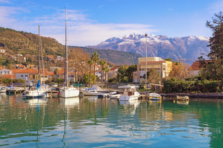 Beautiful winter Mediterranean landscape. Green town and boats in harbor against snow-capped mountains. Montenegro,  Bay of Kotor. Tivat city,  view of marina Kalimanjの写真素材