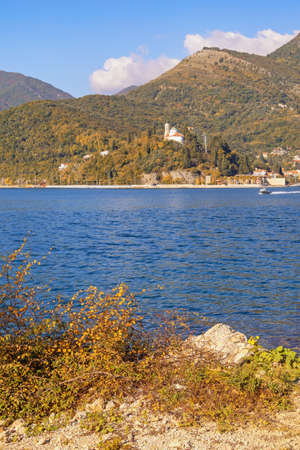 Beautiful Mediterranean landscape on sunny autumn day. Montenegro, Adriatic Sea. View of Kotor Bay and Kamenari town ( Herceg Novi )の写真素材