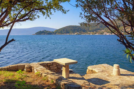 Beautiful Mediterranean landscape on sunny day. Montenegro, Adriatic Sea. Coast of Kotor Bay near Verige Straitの写真素材