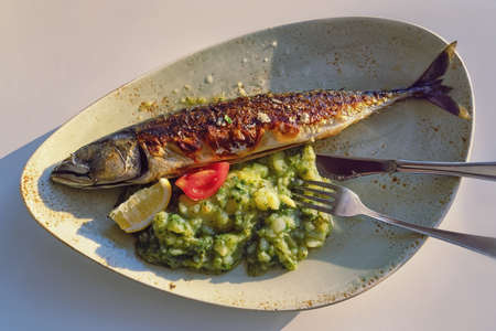 Grilled fish ( mackerel ) with green leafy vegetables. Flat lay, copy spaceの写真素材