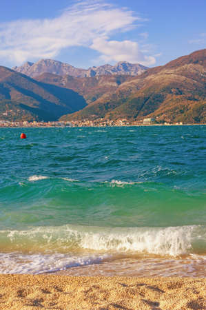 Beautiful Mediterranean landscape on sunny winter day. Montenegro, Adriatic Sea. View of Bay of Kotor near Tivat cityの写真素材