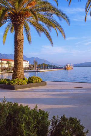 Autumn in Mediterranean town. Beautiful Mediterranean landscape. View of embankment of Tivat city on sunny autumn day. Montenegro, Adriatic Sea, Bay of Kotorの写真素材